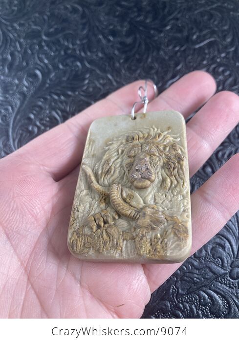 Carved Male Lion and Prey Jasper Stone Pendant Jewelry Mini Art Ornament - #xj4fScpdYwE-3