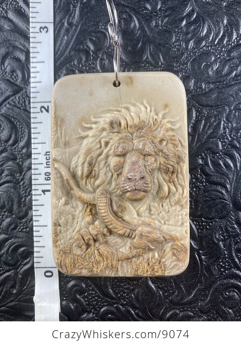 Carved Male Lion and Prey Jasper Stone Pendant Jewelry Mini Art Ornament - #xj4fScpdYwE-6