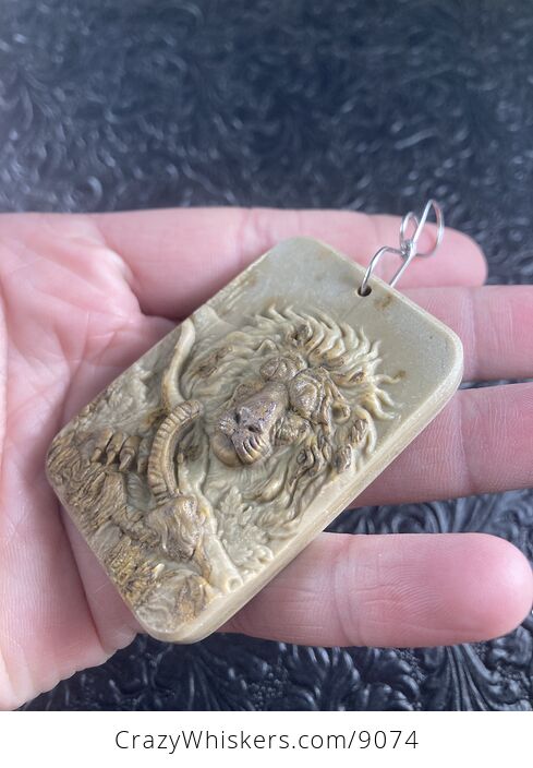 Carved Male Lion and Prey Jasper Stone Pendant Jewelry Mini Art Ornament - #xj4fScpdYwE-4