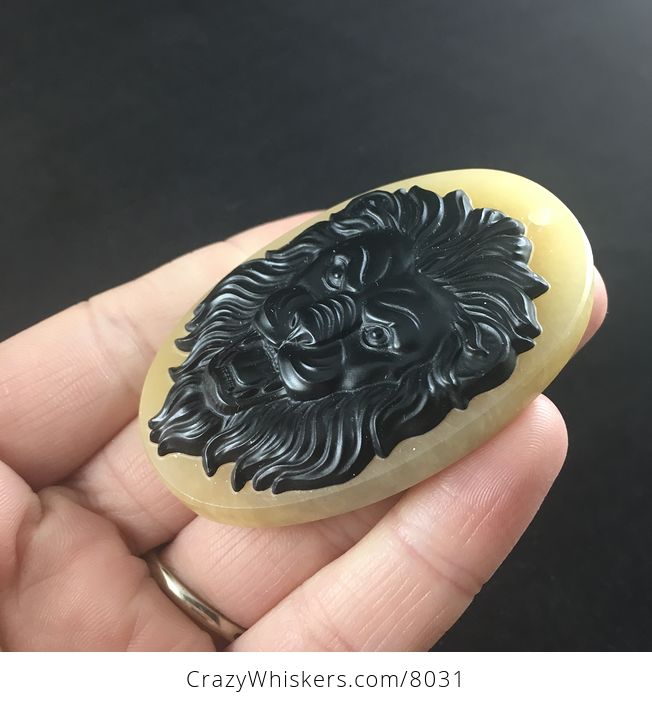 Carved Male Lion Big Cat Face in Black Jasper on a Calcite Base Stone Pendant Jewelry - #DMt4jLslaG4-3