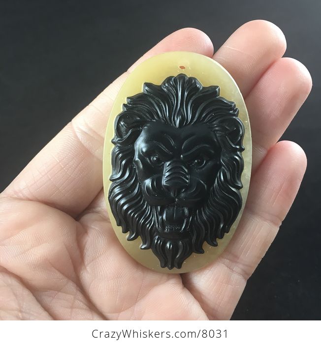 Carved Male Lion Big Cat Face in Black Jasper on a Calcite Base Stone Pendant Jewelry - #DMt4jLslaG4-1