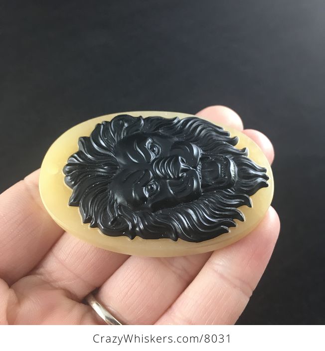 Carved Male Lion Big Cat Face in Black Jasper on a Calcite Base Stone Pendant Jewelry - #DMt4jLslaG4-4