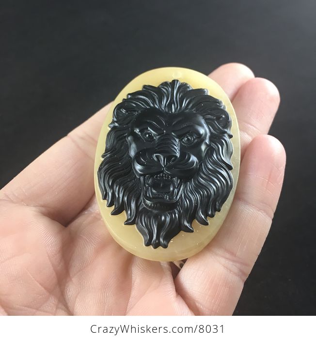 Carved Male Lion Big Cat Face in Black Jasper on a Calcite Base Stone Pendant Jewelry - #DMt4jLslaG4-2
