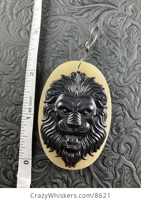 Carved Male Lion Big Cat Face in Black Jasper on a Calcite Base Stone Pendant Jewelry - #vabo6uh3qY4-6