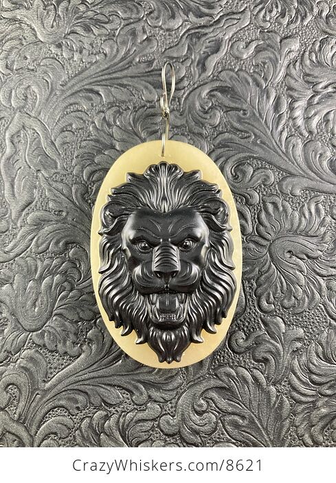 Carved Male Lion Big Cat Face in Black Jasper on a Calcite Base Stone Pendant Jewelry - #vabo6uh3qY4-3