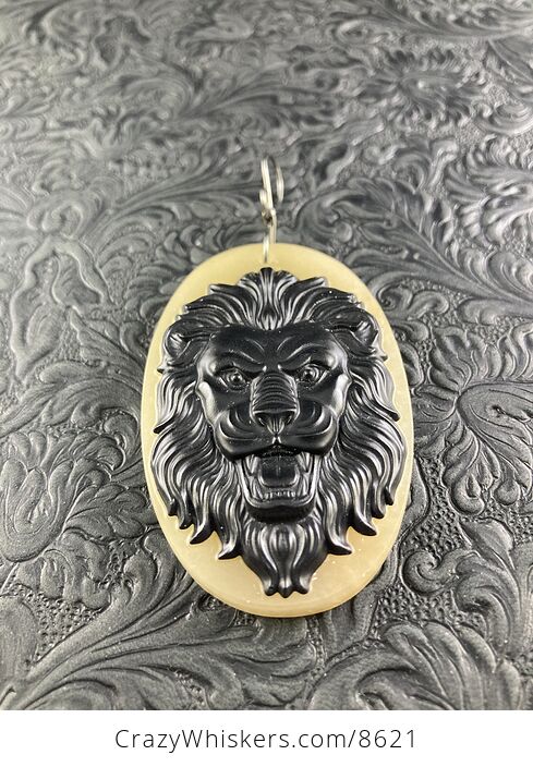 Carved Male Lion Big Cat Face in Black Jasper on a Calcite Base Stone Pendant Jewelry - #vabo6uh3qY4-1