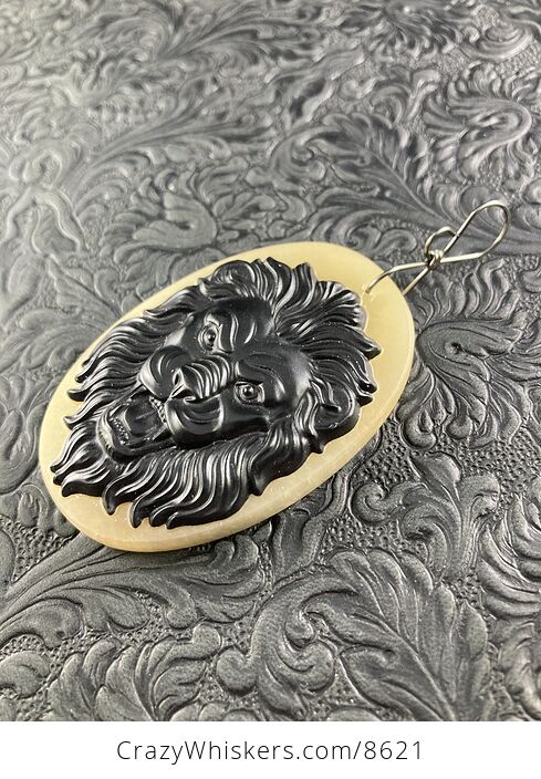 Carved Male Lion Big Cat Face in Black Jasper on a Calcite Base Stone Pendant Jewelry - #vabo6uh3qY4-4