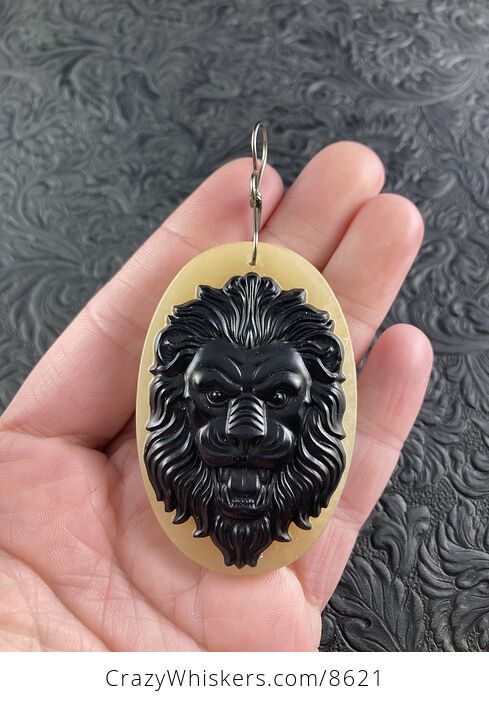 Carved Male Lion Big Cat Face in Black Jasper on a Calcite Base Stone Pendant Jewelry - #vabo6uh3qY4-2