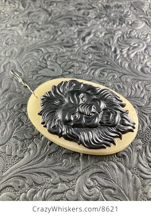 Carved Male Lion Big Cat Face in Black Jasper on a Calcite Base Stone Pendant Jewelry - #vabo6uh3qY4-5