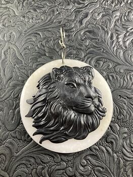 Carved Male Lion Big Cat Face in Black Jasper Set on White Jade Stone Pendant Jewelry #OC4kgGv74iE