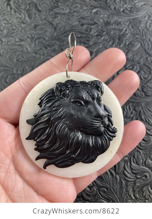 Carved Male Lion Big Cat Face in Black Jasper Set on White Jade Stone Pendant Jewelry - #OC4kgGv74iE-2
