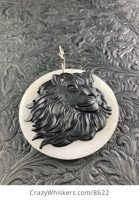 Carved Male Lion Big Cat Face in Black Jasper Set on White Jade Stone Pendant Jewelry - #OC4kgGv74iE-3