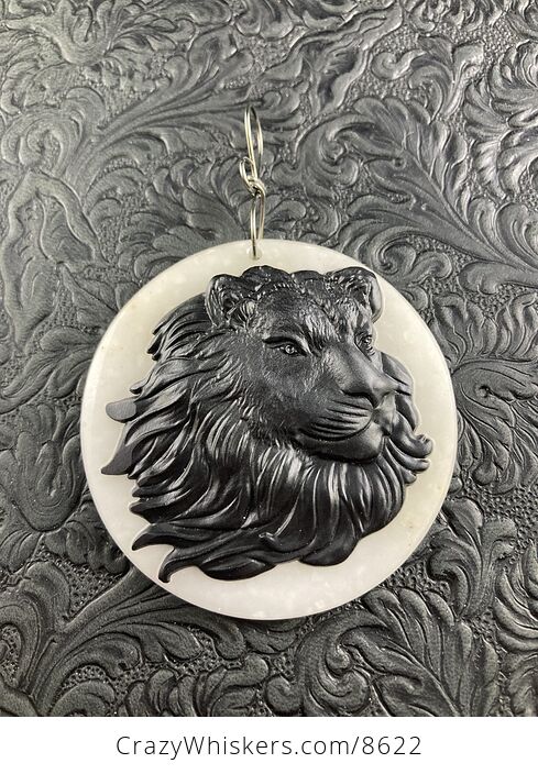 Carved Male Lion Big Cat Face in Black Jasper Set on White Jade Stone Pendant Jewelry - #OC4kgGv74iE-1