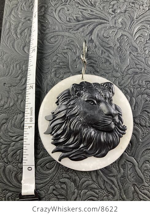 Carved Male Lion Big Cat Face in Black Jasper Set on White Jade Stone Pendant Jewelry - #OC4kgGv74iE-6