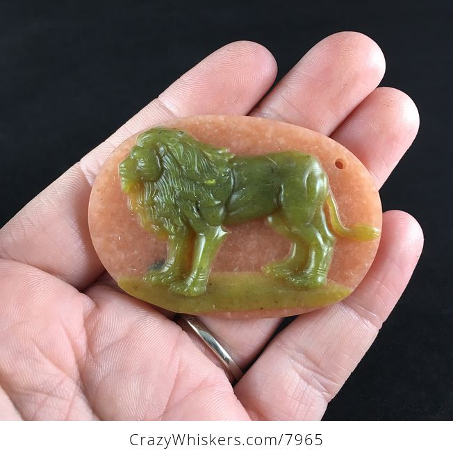 Carved Male Lion Big Cat Lemon Jade and Calcite Stone Pendant Jewelry - #ZFITBY8fYZA-1
