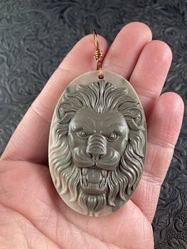 Carved Male Lion Big Cat Ribbon Jasper Stone Pendant Jewelry #TB092GAMgW4