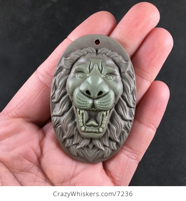 Carved Male Lion Big Cat Ribbon Jasper Stone Pendant Jewelry - #A1kUrgG8bT4-1