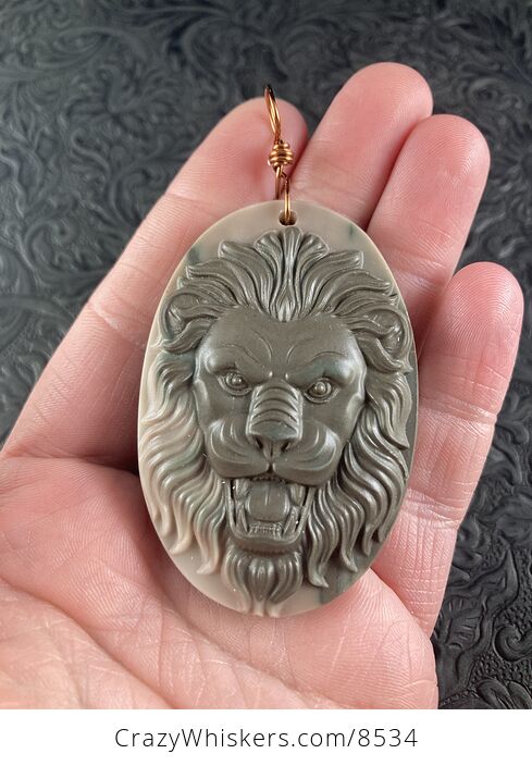 Carved Male Lion Big Cat Ribbon Jasper Stone Pendant Jewelry - #TB092GAMgW4-1