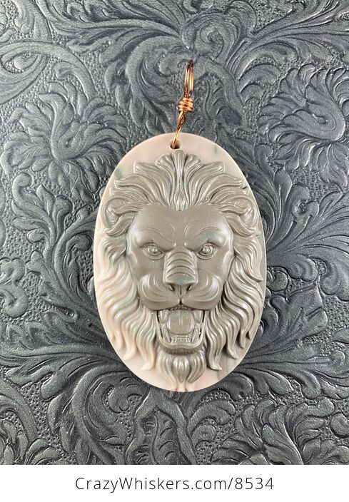 Carved Male Lion Big Cat Ribbon Jasper Stone Pendant Jewelry - #TB092GAMgW4-2