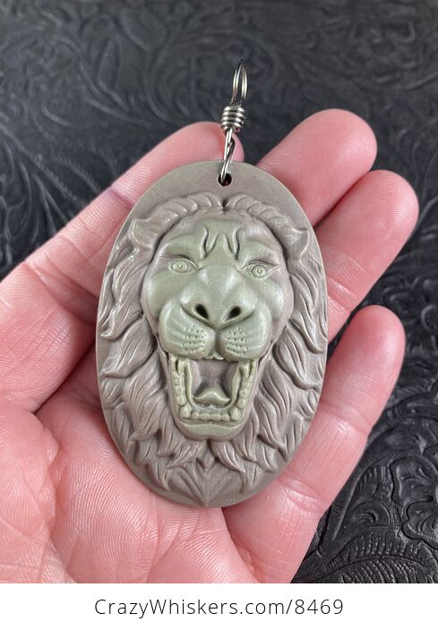 Carved Male Lion Big Cat Ribbon Jasper Stone Pendant Jewelry - #VZTADTGX1ys-1