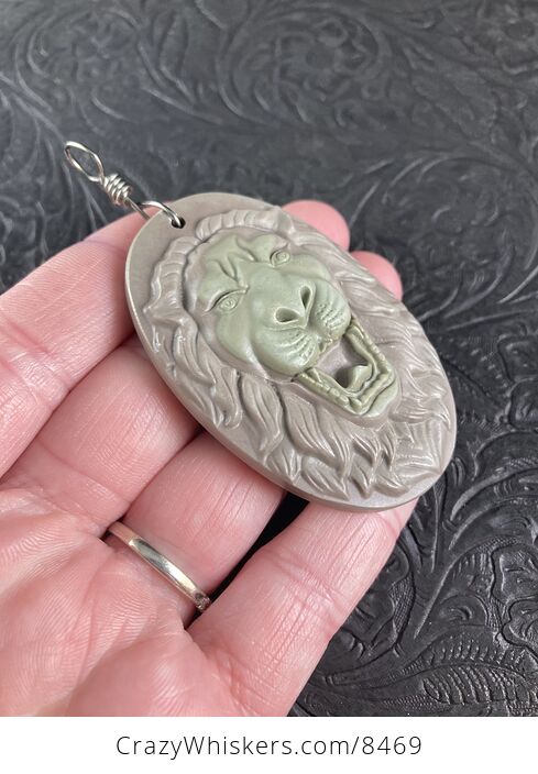 Carved Male Lion Big Cat Ribbon Jasper Stone Pendant Jewelry - #VZTADTGX1ys-5