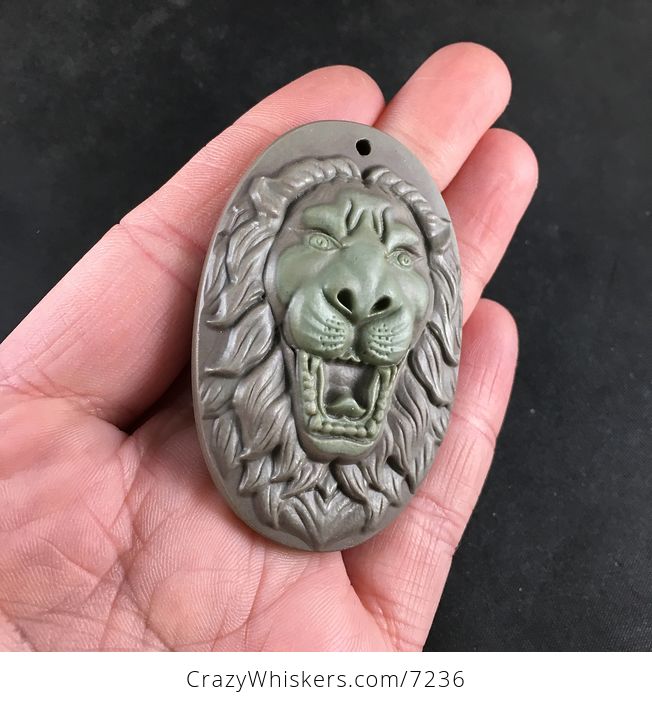 Carved Male Lion Big Cat Ribbon Jasper Stone Pendant Necklace Jewelry - #A1kUrgG8bT4-2
