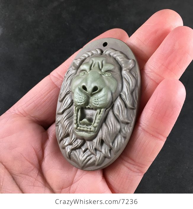 Carved Male Lion Big Cat Ribbon Jasper Stone Pendant Necklace Jewelry - #A1kUrgG8bT4-3