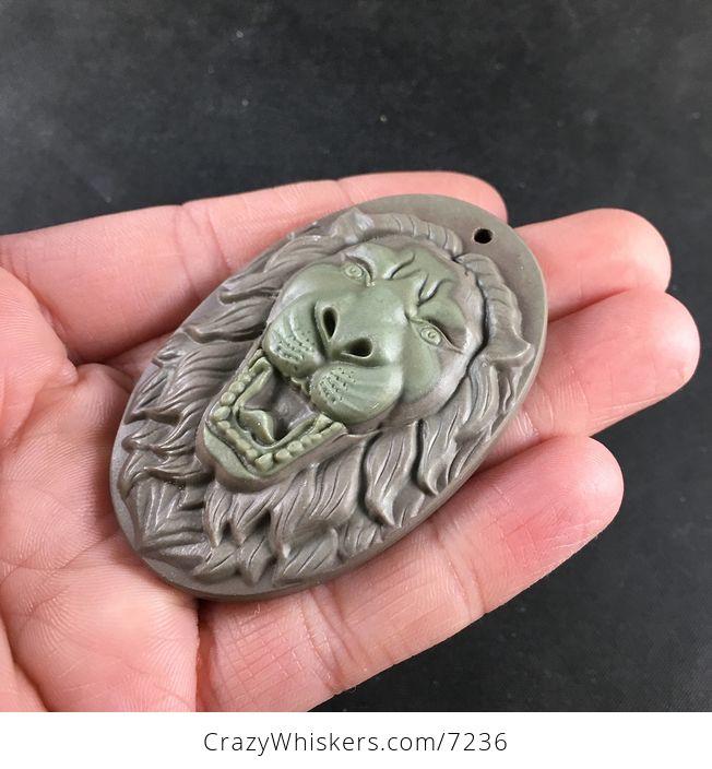 Carved Male Lion Big Cat Ribbon Jasper Stone Pendant Necklace Jewelry - #A1kUrgG8bT4-4