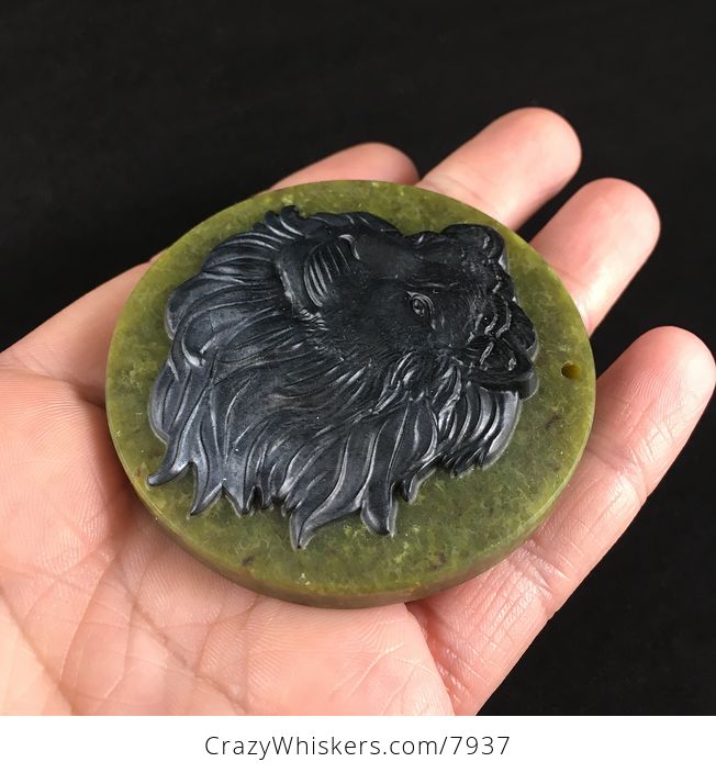 Carved Male Lion Head in Black Jasper Set on Greenish Lemon Jade Stone Jewelry Pendant - #jSoNcz3bE9Y-2
