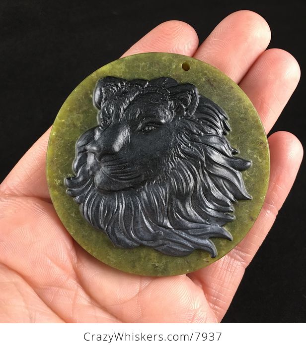 Carved Male Lion Head in Black Jasper Set on Greenish Lemon Jade Stone Jewelry Pendant - #jSoNcz3bE9Y-1
