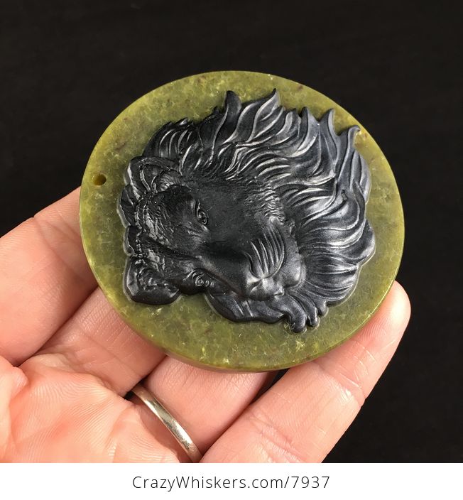 Carved Male Lion Head in Black Jasper Set on Greenish Lemon Jade Stone Jewelry Pendant - #jSoNcz3bE9Y-3