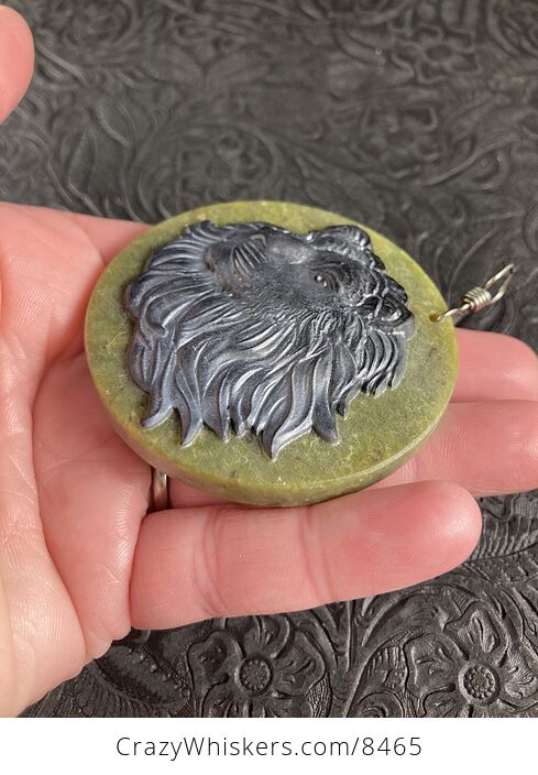 Carved Male Lion Head in Black Jasper Set on Greenish Lemon Jade Stone Jewelry Pendant - #xaGmee1RkOY-4
