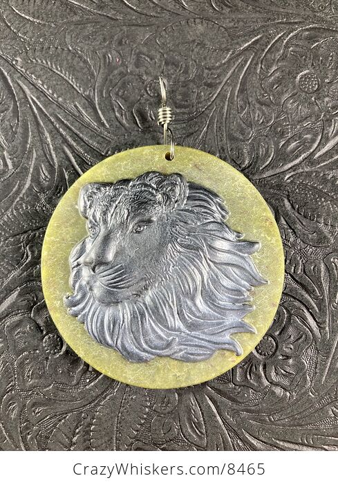 Carved Male Lion Head in Black Jasper Set on Greenish Lemon Jade Stone Jewelry Pendant - #xaGmee1RkOY-2