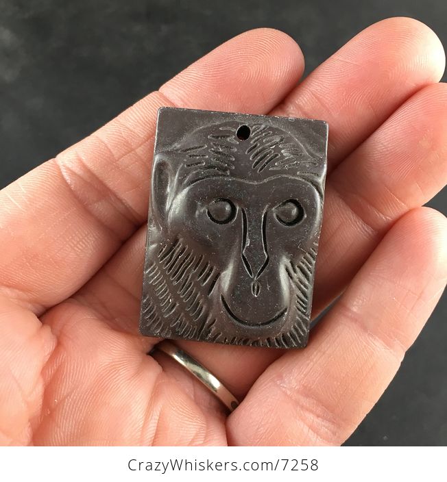 Carved Monkey Face Brown Ribbon Jasper Stone Pendant - #n3fhpG5mQ38-1