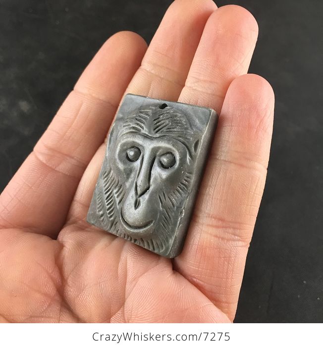 Carved Monkey Face Ribbon Jasper Stone Pendant Necklace - #EAPQffGjzFQ-2