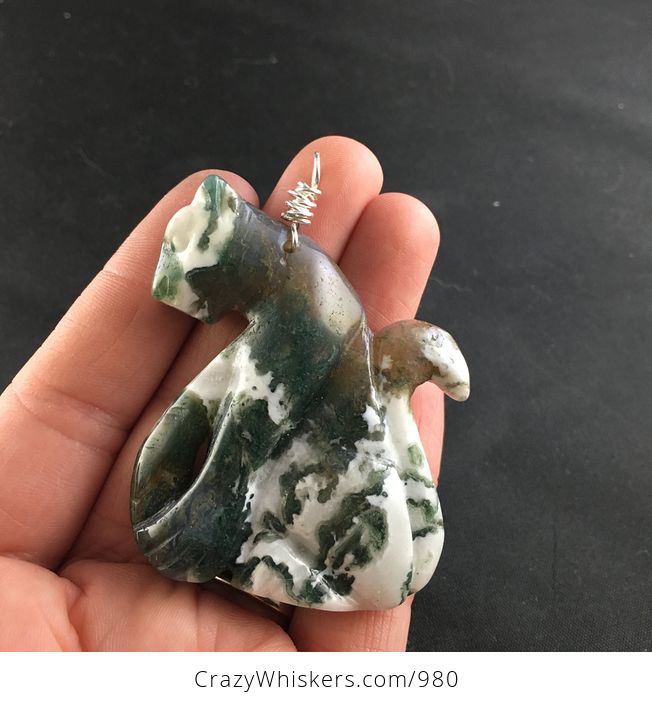 Carved Moss Agate Pendant of a Sitting Cheetah or Leopard Big Cat with Silver Tone Wire Bail - #JvyEbbcZeQc-1