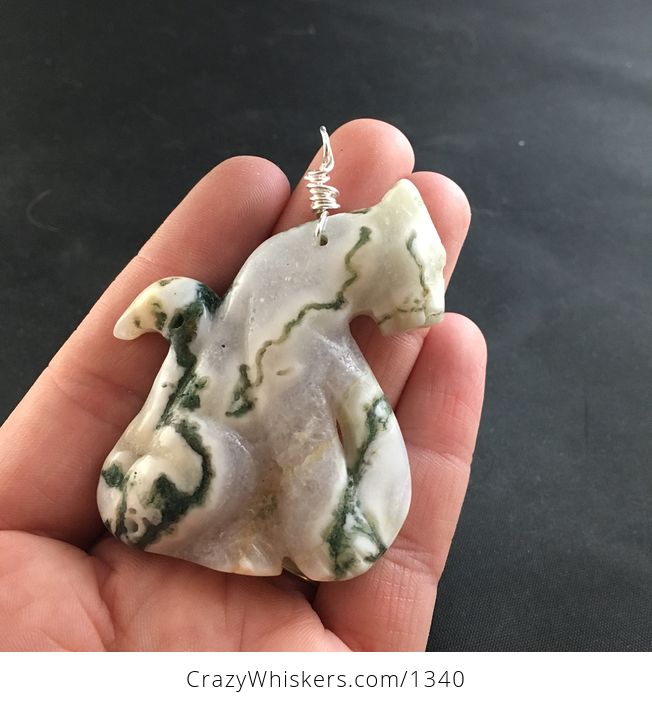 Carved Moss Agate Stone Pendant of a Sitting Cheetah or Leopard Big Cat with Silver Tone Wire Bail - #5fS7qVVh1fs-1