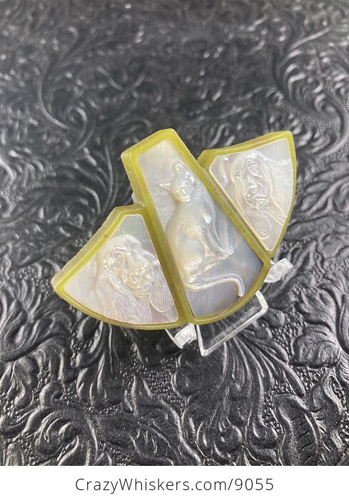 Carved Mother of Pearl Shell Basset Hound Dog and Cat on Lemon Jade Jewelry Pendant - #gClaSaZMPdI-2