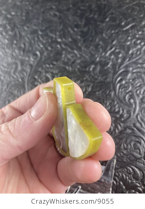 Carved Mother of Pearl Shell Basset Hound Dog and Cat on Lemon Jade Jewelry Pendant - #gClaSaZMPdI-4