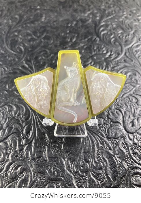 Carved Mother of Pearl Shell Basset Hound Dog and Cat on Lemon Jade Jewelry Pendant - #gClaSaZMPdI-1