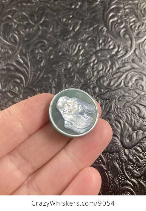 Carved Mother of Pearl Shell Basset Hound Dog on Green Jasper Cabochon - #Uv2s5XUhErs-2