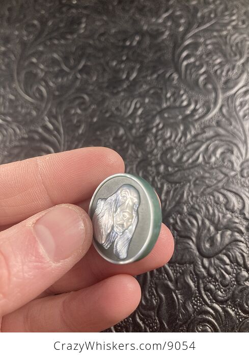 Carved Mother of Pearl Shell Basset Hound Dog on Green Jasper Cabochon - #Uv2s5XUhErs-3