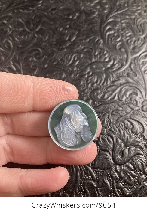 Carved Mother of Pearl Shell Basset Hound Dog on Green Jasper Cabochon - #Uv2s5XUhErs-1