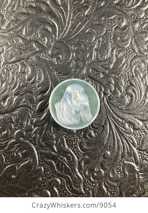 Carved Mother of Pearl Shell Basset Hound Dog on Green Jasper Cabochon - #Uv2s5XUhErs-4