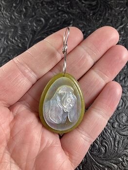 Carved Mother of Pearl Shell Basset Hound Dog on Lemon Jade Jewelry Pendant #EFEefopxElg