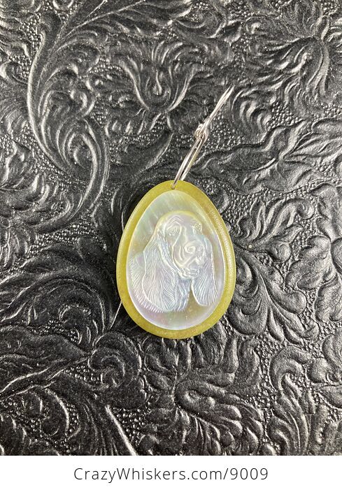 Carved Mother of Pearl Shell Basset Hound Dog on Lemon Jade Jewelry Pendant - #EFEefopxElg-3