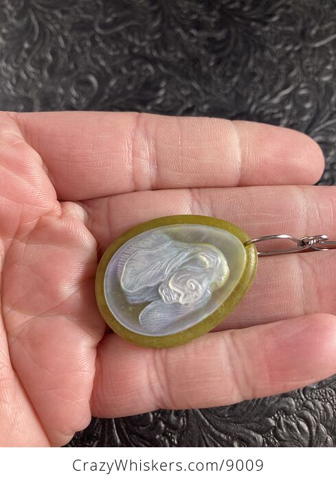 Carved Mother of Pearl Shell Basset Hound Dog on Lemon Jade Jewelry Pendant - #EFEefopxElg-2