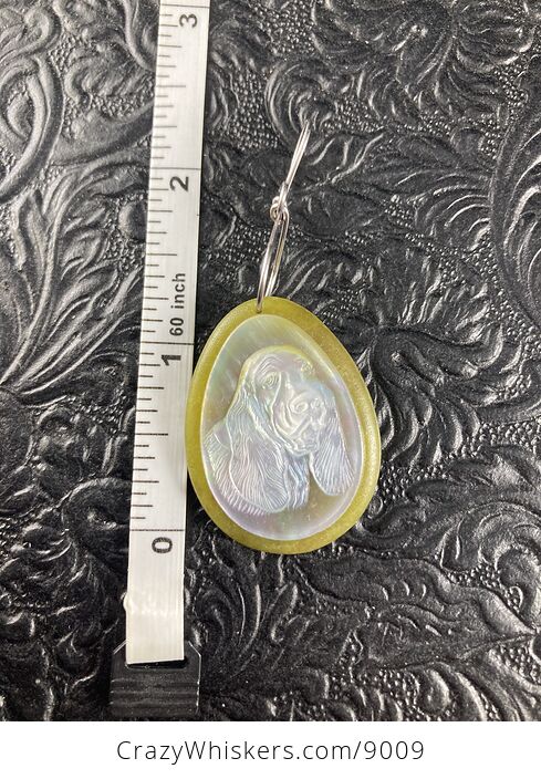 Carved Mother of Pearl Shell Basset Hound Dog on Lemon Jade Jewelry Pendant - #EFEefopxElg-4