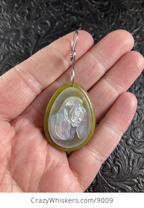 Carved Mother of Pearl Shell Basset Hound Dog on Lemon Jade Jewelry Pendant - #EFEefopxElg-1