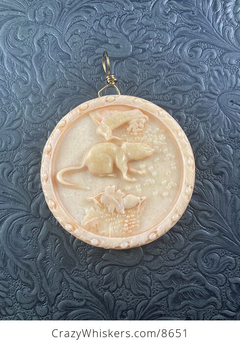 Carved Mouse or Rat and Grapes Jasper Stone Pendant Jewelry Ornament Mini Art - #8WG1JQe6tHc-3